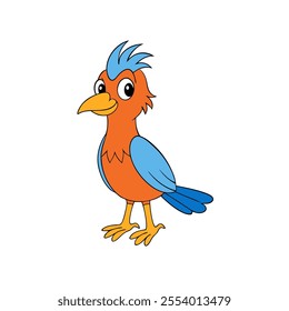 A cartoon bird with blue and orange feathers is standing on a white background. The bird has a big, bright smile on its face, giving the impression that it is happy and cheerful