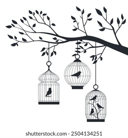 Cartoon bird cages on tree. Exotic birds in metal cages silhouettes, decorative birds cage hanging on tree flat vector silhouette illustration. Bird cages