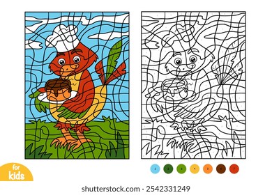 Cartoon bird with cake. Color by number, education game for children