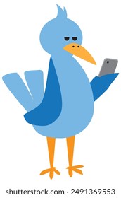A cartoon bird is checking for messages on it's cell phone