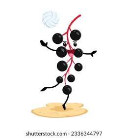 Cartoon bird cherry berry character playing volleyball on summer beach vacation. Isolated vector personage having outdoors fun and recreation at sea resort, relax on ocean shore at holidays time