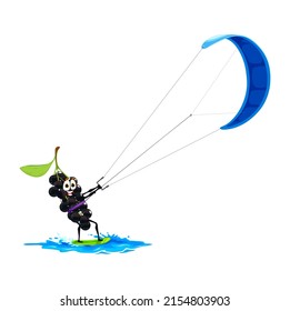 Cartoon-Vogelkirschcharakter auf Kitesurfen. Funny Vektorbeersportler, die den Sommersport mit Wasserkite genießen. Wassersport Erholung, Ferien Aktivität, Persönlichkeit Entspannung im Urlaub