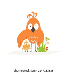 Un pájaro caricaturista con una chica y un arbusto de hierba con flores sobre un fondo blanco. Ilustración vectorial.