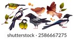 Cartoon bird collection of colorful songbirds and magpies. Forest creatures flying, standing and sitting decorated with green leaves and orange berries. Cute ornithological set for nature illustration