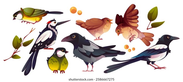 Cartoon bird collection of colorful songbirds and magpies. Forest creatures flying, standing and sitting decorated with green leaves and orange berries. Cute ornithological set for nature illustration