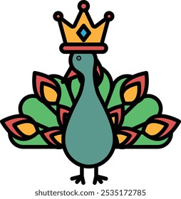 Un pájaro de dibujos animados con una corona en la cabeza. El pájaro es verde y amarillo. La corona es roja y azul