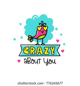 Cartoon bird with drawn words. Design elements for Valentines Day