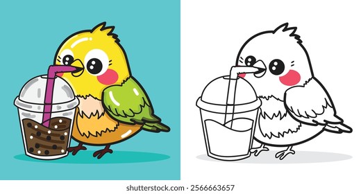 a cartoon bird drink boba tea illustration