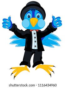 Cartoon of the bird in fashionable suit on white background