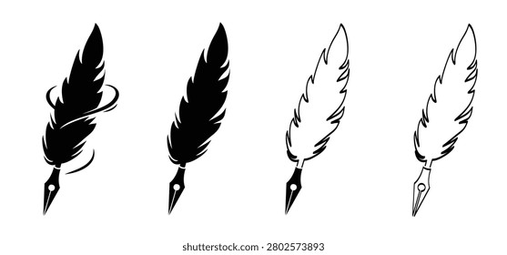 Cartoon bird feathers for a pen and ink. Light feathers silhouette. Bird feather with a slender, slightly curved shaft and sharply tapering barbs. The feather appears light, graceful, and timeless.