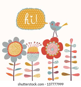 Cartoon bird and flowers in vector. Bright summer card