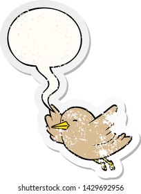 cartoon bird flying with speech bubble distressed distressed old sticker