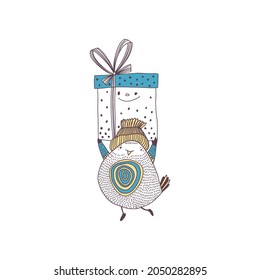 Cartoon bird with gift boxes on white.  Festive illustration . Vector  characters. Perfect for holiday invitations, postcards, cover design templates, wallpaper, wrapping and textile.