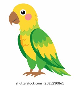 Cartoon bird green Amazon parrot of yellow headed. Colorful exotic bird parrot.Isolated on white background. Side view. Vector illustration.  