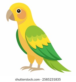 Cartoon bird green Amazon parrot of yellow headed. Colorful exotic bird parrot.Isolated on white background. Side view. Vector illustration. 