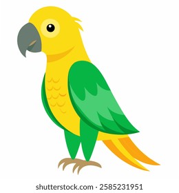 Cartoon bird green Amazon parrot of yellow headed. Colorful exotic bird parrot.Isolated on white background. Side view. Vector illustration. 