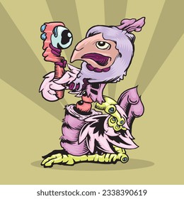 Cartoon bird hand draw illustration standing and holding eye stick