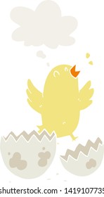 cartoon bird hatching from egg with thought bubble in retro style