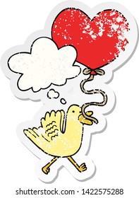 cartoon bird with heart balloon with thought bubble as a distressed worn sticker