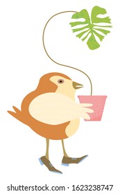 Cartoon bird holding flowerpot with a monstera plant.