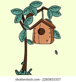 Cartoon bird house on tree. Vector bird house illustration.