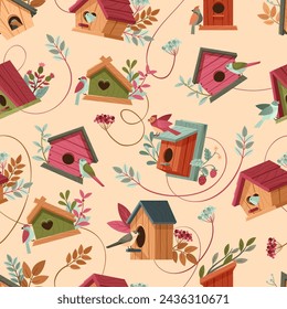 Cartoon bird houses pattern. Wooden bird homes with chirping birds and lush botanicals seamless vector background illustration. Handmade outside boxes with seeds and floral decoration