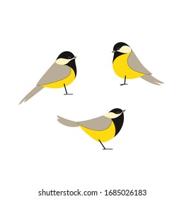 Cartoon bird icon set. Different poses of chickadee. Vector illustration for prints, clothing, packaging, stickers.