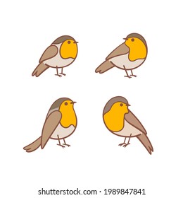 Cartoon bird icon set. Different poses of robin bird. Vector illustration for prints, clothing, packaging, stickers.