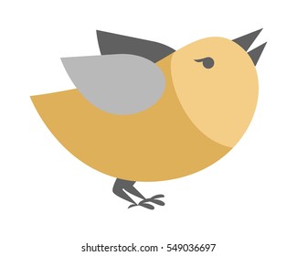 Cartoon bird isolated on white background. Abstract titmouse or bullfinch in flat style. Vector simple illustration for children. Funny creature in retro comic design in golden and grey colors