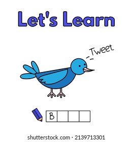 Cartoon bird learning game for small children - write the word. Vector illustration for kids