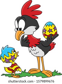 Cartoon bird looking at her newly hatched chick vector illustration