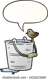 cartoon bird looking into bucket of water with speech bubble in smooth gradient style