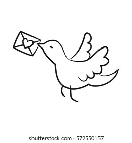 Cartoon bird with love letter on the white background for your design. Vector illustration.