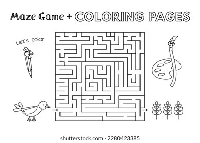 Cartoon bird maze game. Vector coloring book pages for children