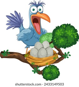 Cartoon bird in nest with eggs on branch