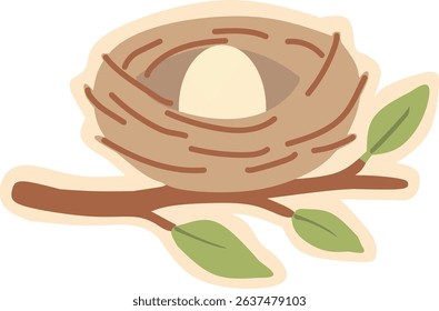 Cartoon bird nest with a single egg and green leaves