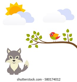 cartoon bird on a branch and wolf 