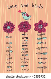 Cartoon bird on flowers