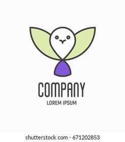Cartoon bird with opened wings for logo, design element for school, business, pet shop. Vector illustration.