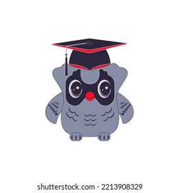 Cartoon bird owl in an academic confederate cap. Vector illustration isolated on white background. Flat design..