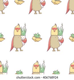 Cartoon bird parrot in sun glasses with succulent flower pot. Vector seamless pattern