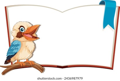 Cartoon bird perched on a book with blank pages.