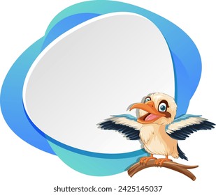 Cartoon bird perched, wings spread on abstract shape