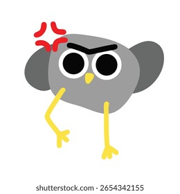 Cartoon bird or pigeon character angry and mad. Emotional facial expression in flat vector illustration for game, chat, social media, emoticons, and emojis. Sticker T-shirt Vector Cute Illustration.