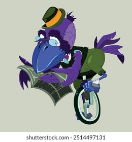 A cartoon bird is riding a unicycle and reading a newspaper. The bird is wearing a hat and glasses, and the newspaper is on its head. The image has a playful and whimsical mood