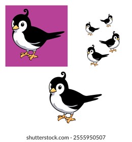 Cartoon bird, simple design black and white bird.