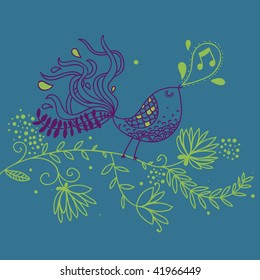 Cartoon bird singing on the branch