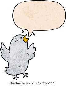pájaro caricaturista cantando con burbuja de habla en estilo de textura retro