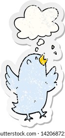 pájaro caricaturista cantando con burbuja de pensamiento como pegatina gastada angustiada