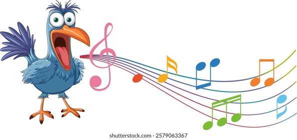 A cartoon bird singing vibrant musical notes